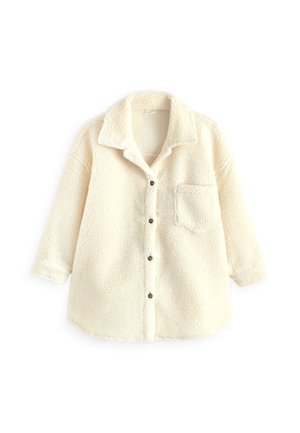 Sherpa-fleecejakke i cremefarve med knapper, krave, lange ærmer, brystlomme foran og rundet kant.