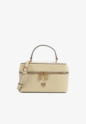 Borsa rettangolare beige con manico superiore, tracolla regolabile, doppia cerniera dorata e piccolo emblema dorato sulla parte anteriore.