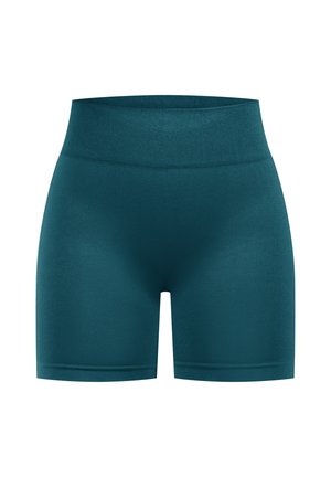 Teal compressie shorts met een brede, gestructureerde tailleband, ontworpen voor comfort en flexibiliteit tijdens fysieke activiteiten.