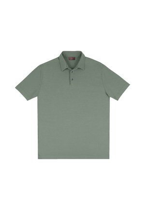 Polo da uomo a maniche corte verde chiaro con due bottoni e colletto, mostrata distesa su uno sfondo bianco.