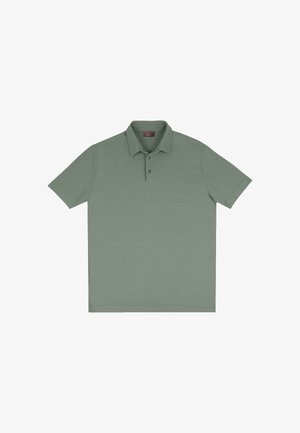 Polo da uomo a maniche corte verde chiaro con due bottoni e colletto, mostrata distesa su uno sfondo bianco.