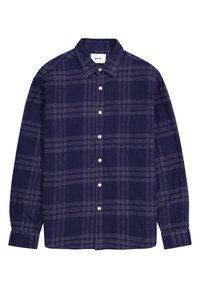 Paarse flanellen shirt met een ruitpatroon, met knopen aan de voorkant, lange mouwen, een kraag en een enkele borstzak.