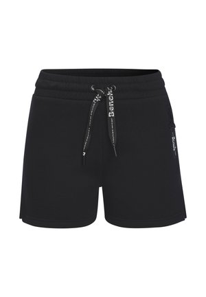 Schwarze Freizeithose mit elastischem Bund, verstellbarem Kordelzug und einer seitlichen Reißverschlusstasche mit markantem Zipper.
