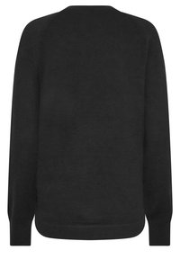 Svart stickad tröja med rundad halsringning, långa ärmar och ribbade muddar. Har en jämn textur och en enkel design.