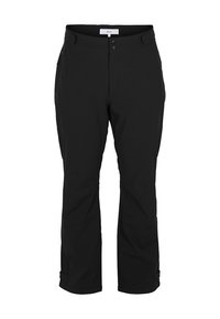 Sorte bukser med lige ben, to forlommer, dobbelt knaplukning og justerbare anklerem.