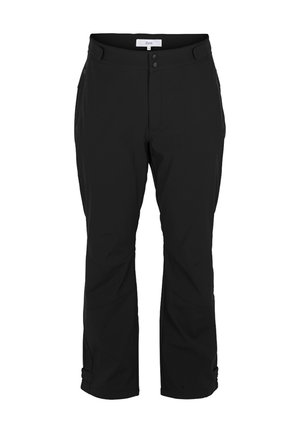 Pantalones negros de pierna recta con dos bolsillos frontales, cierre de doble botón y correas ajustables en el tobillo.