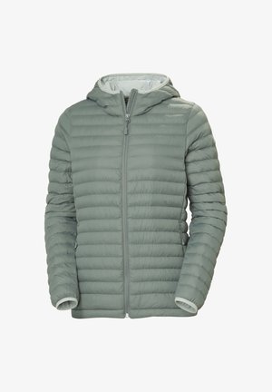 Padded hooded jacket w kolorze jasnoszaro-zielonym. Wyposażona w zamek błyskawiczny, ściągacze przy mankietach oraz pikowany materiał z poziomymi przeszyciami.