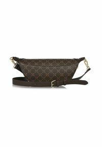 Czarna torebka w brązowy wzór z skórzanymi akcentami, o usztywnionym kształcie, regulowanym pasku oraz złotych detalach.