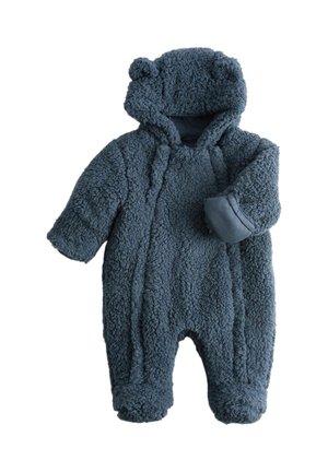 Blød mørkegrå babyheldragt med hætte, bjørneører, lange ærmer og dækkede fødder, lavet af plysbetrukket stof.