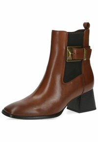 Bota de cuero marrón hasta el tobillo con punta afilada, panel lateral elástico y un acento de hebilla metálica cuadrada en el costado. Diseño de tacón cuadrado.