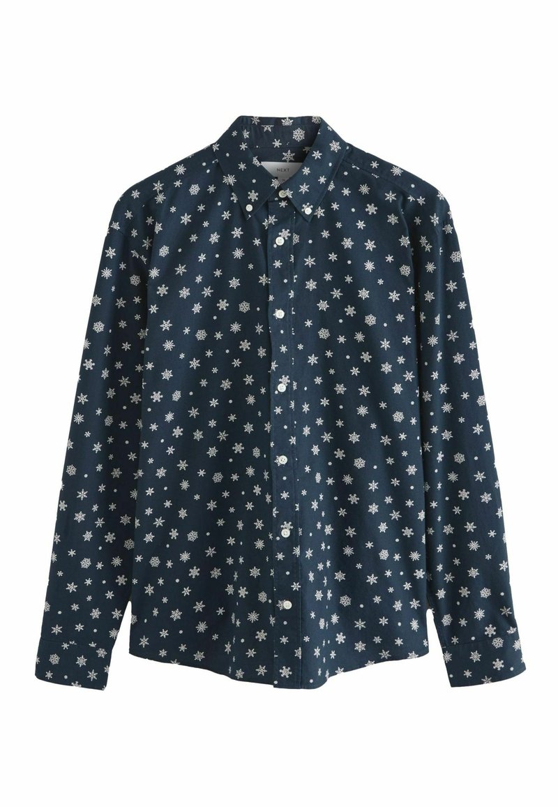 Námornícka košeľa s button-up uzáverom vyrobená z bavlny, s bielymi potlačami snehových vločiek. Dlhé rukávy s gombíkovými manžetami a klasický dizajn goliera.