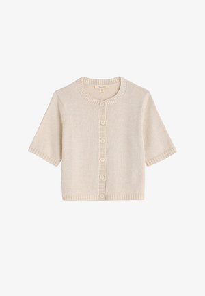 Beige Strickjacke mit kurzen Ärmeln aus weichem Strickstoff. Verfügt über einen Rundhalsausschnitt, gerippte Abschlüsse und eine Knopfleiste mit strukturierten Knöpfen.