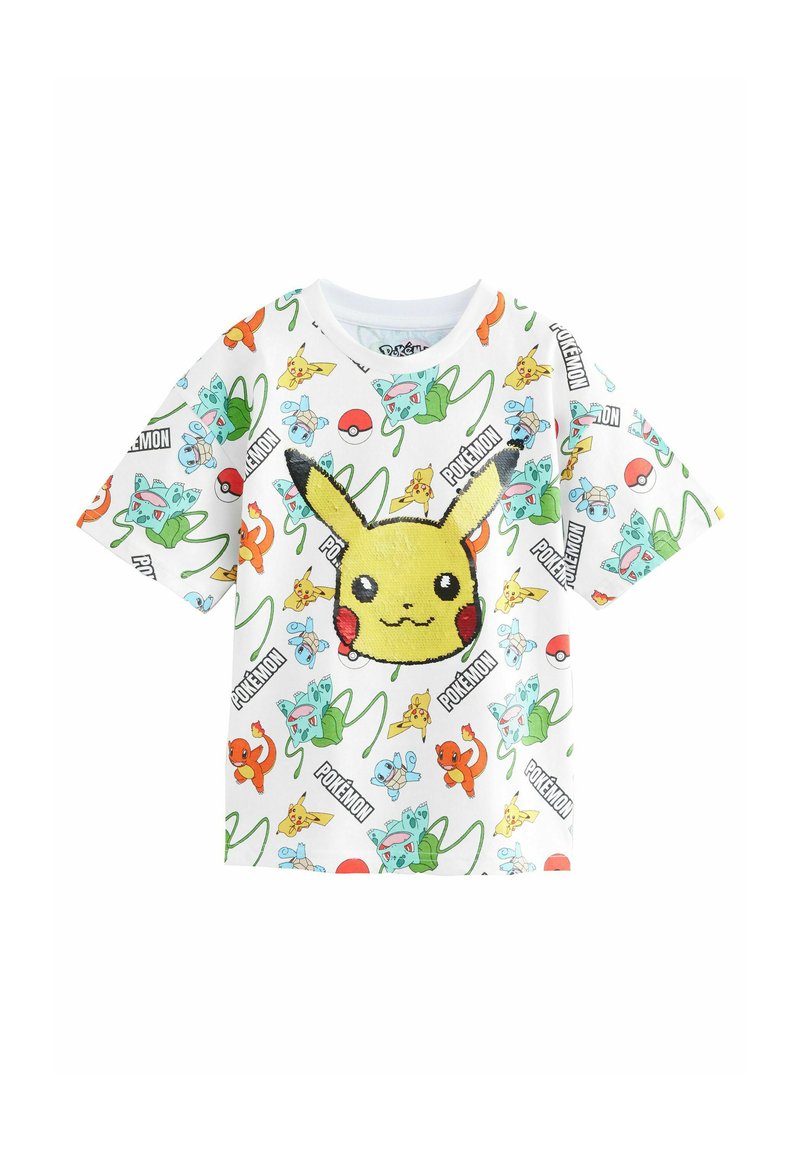 Biała koszulka z nadrukiem Pikachu, na której rozmieszczone są kolorowe postacie i logo Pokémon. Krótkie rękawy, standardowy krój, materiał bawełniany.
