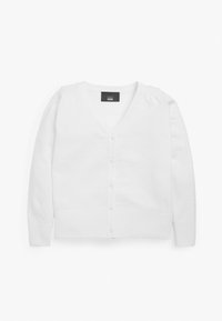 Witte gebreide cardigan met een V-hals, knopen aan de voorkant en geribbelde mouwen en zoom. Zachte textuur, eenvoudig ontwerp, geschikt voor lagen.