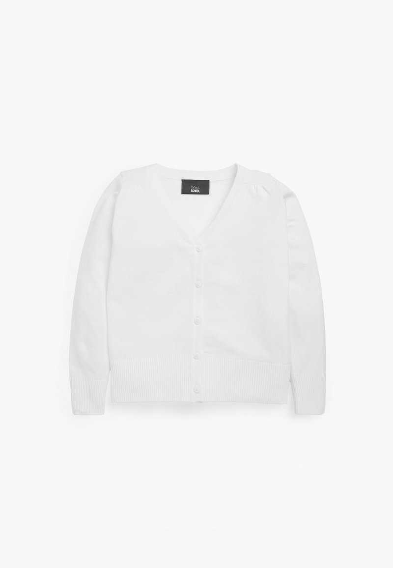 Biały, dziany kardigan z dekoltem w serek, z przodu na guziki oraz ściągaczami przy mankietach i dolnej krawędzi. Miękka faktura, prosty design, odpowiedni do noszenia w warstwach.