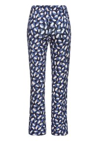Patterned trousers featuring a blue and white abstract design on a dark blue background, made from lightweight fabric with an elastic waistband.