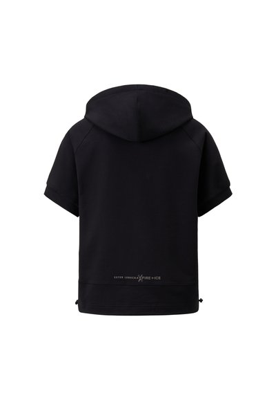 Schwarzer Kapuzenpullover mit kurzen Ärmeln, aus weichem Stoff. Verfügt über einen Kordelzug am Saum und ein Logodetail auf der Rückseite. Einfaches und funktionales Design.