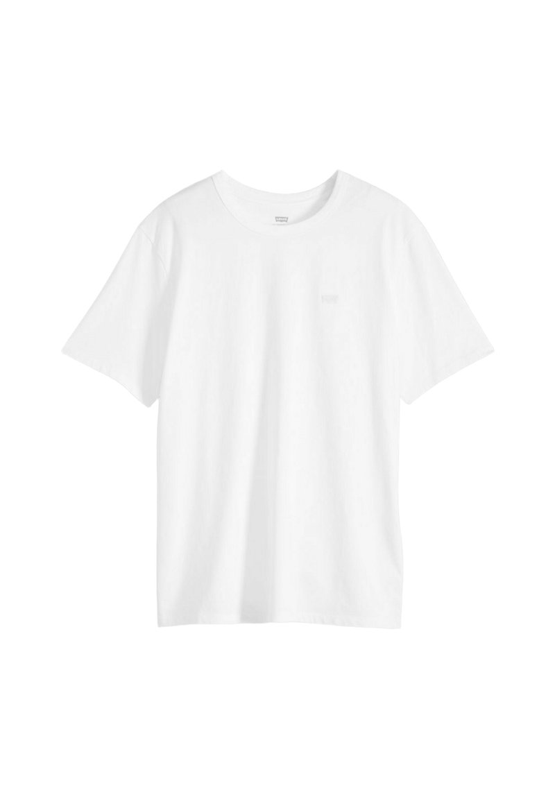 Maglietta bianca a maniche corte con scollo rotondo e un dettaglio sottile sulla tasca sul petto, mostrata su uno sfondo bianco uniforme.