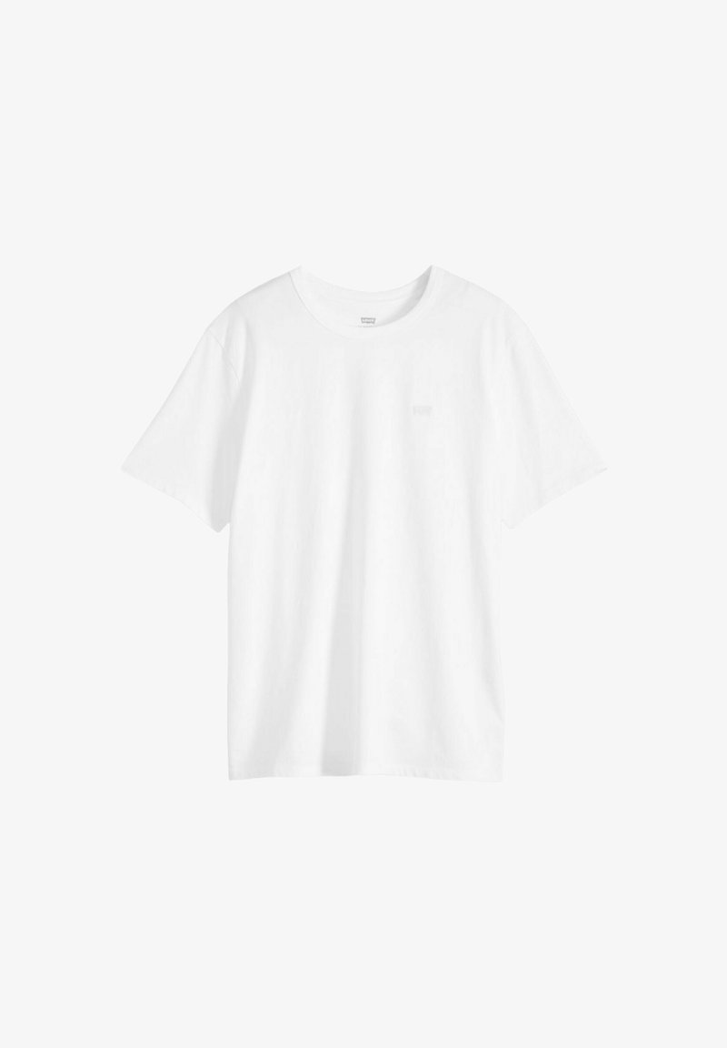 Maglietta bianca a maniche corte con scollo rotondo e un dettaglio sottile sulla tasca sul petto, mostrata su uno sfondo bianco uniforme.