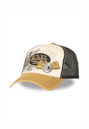 Gorra trucker Von Dutch beige y negra con ojo alado bordado y logo en el panel frontal, visera curva amarillo mostaza, parte trasera de malla negra.