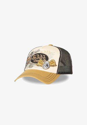 Casquette camionneur beige et noire Von Dutch avec un œil ailé brodé et un logo sur le panneau avant, visière incurvée jaune moutarde, dos en maille noire.