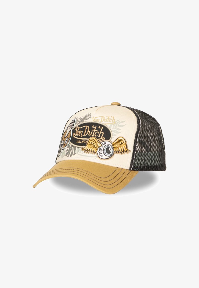 Gorra trucker Von Dutch beige y negra con ojo alado bordado y logo en el panel frontal, visera curva amarillo mostaza, parte trasera de malla negra.
