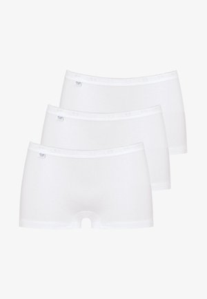 Drei Paar weiße Baumwoll-Boyshorts mit glatter Textur, elastischem Taillenbund und einem kleinen Logotag auf der Vorderseite.