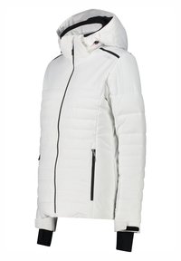 Hvid pufferjakke med hætte, der har sorte lynlåse og detaljer, ribbede manchetter og vandret quiltning til isolering.