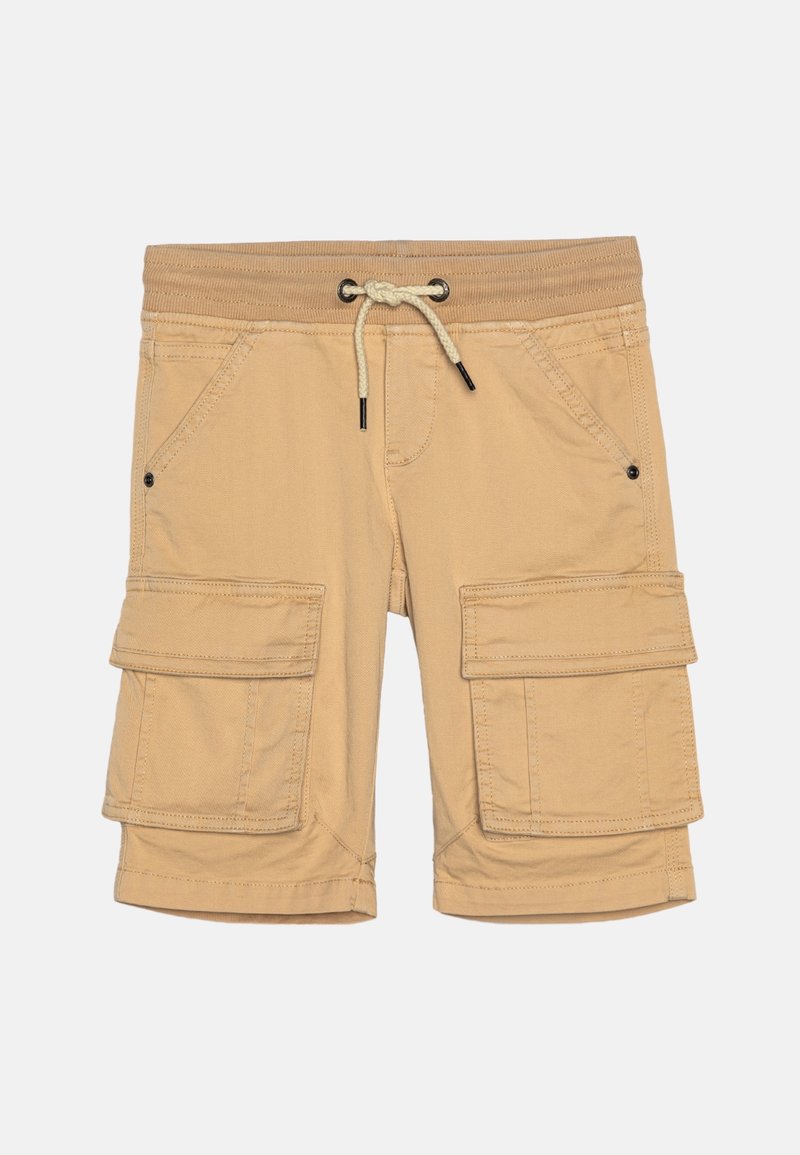 Beige cargo šortky s elastickým pasem a šňůrkou, obsahující několik velkých předních kapes a kontrastní prošívání.