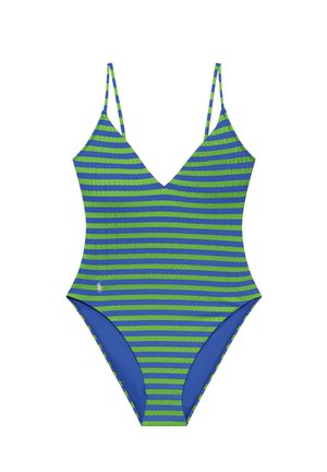 Costume da bagno intero con scollo a V, spalline sottili e strisce alternate verdi e blu. Tessuto liscio con base di colore blu.