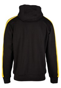 Zwarte katoen hoodie met gele zijstripes, geribde boorden en een relaxte pasvorm. Soepele textuur met een minimalistisch ontwerp.