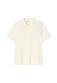 Polo à manches courtes en crème clair, fabriqué à partir d'un tissu doux et texturé. Doté d'un col classique et d'une patte de boutonnage. Design simple et minimaliste.