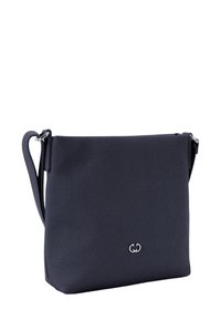 Borsa a tracolla blu scuro con tessuto texturizzato, tracolla regolabile e piccolo logo a doppio anello argentato sul davanti.
