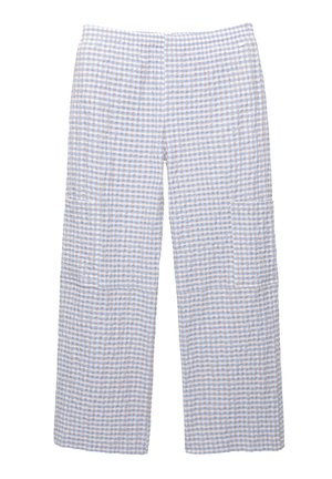 Pantalons larges à carreaux bleus et blancs avec une taille élastique, fabriqués en tissu léger, comprenant deux poches latérales.