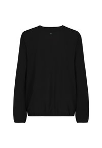Black long-sleeve shirt with elasticized hem and cuffs, shown from the back with a small round button detail near the neckline.