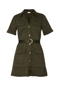 Vestito verde oliva con bottoni, maniche corte, due tasche sul petto, vita elasticizzata con cintura e bordo arricciato.