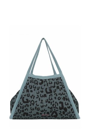 Graue Tragetasche mit schwarzem Leopardenprint und hellblauen Trägern, am Boden breit und verjüngt sich zum oberen Griff.