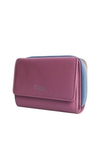 Pink leather wallet with a smooth texture, featuring a blue lining and silver hardware. Compact design with a flap closure for secure storage.