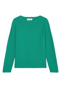 Groen langarm bovenstuk van tekstiel met een gestructureerde stof, met een ronde hals en een rechte snit. Het label leest "Marc O'Polo."