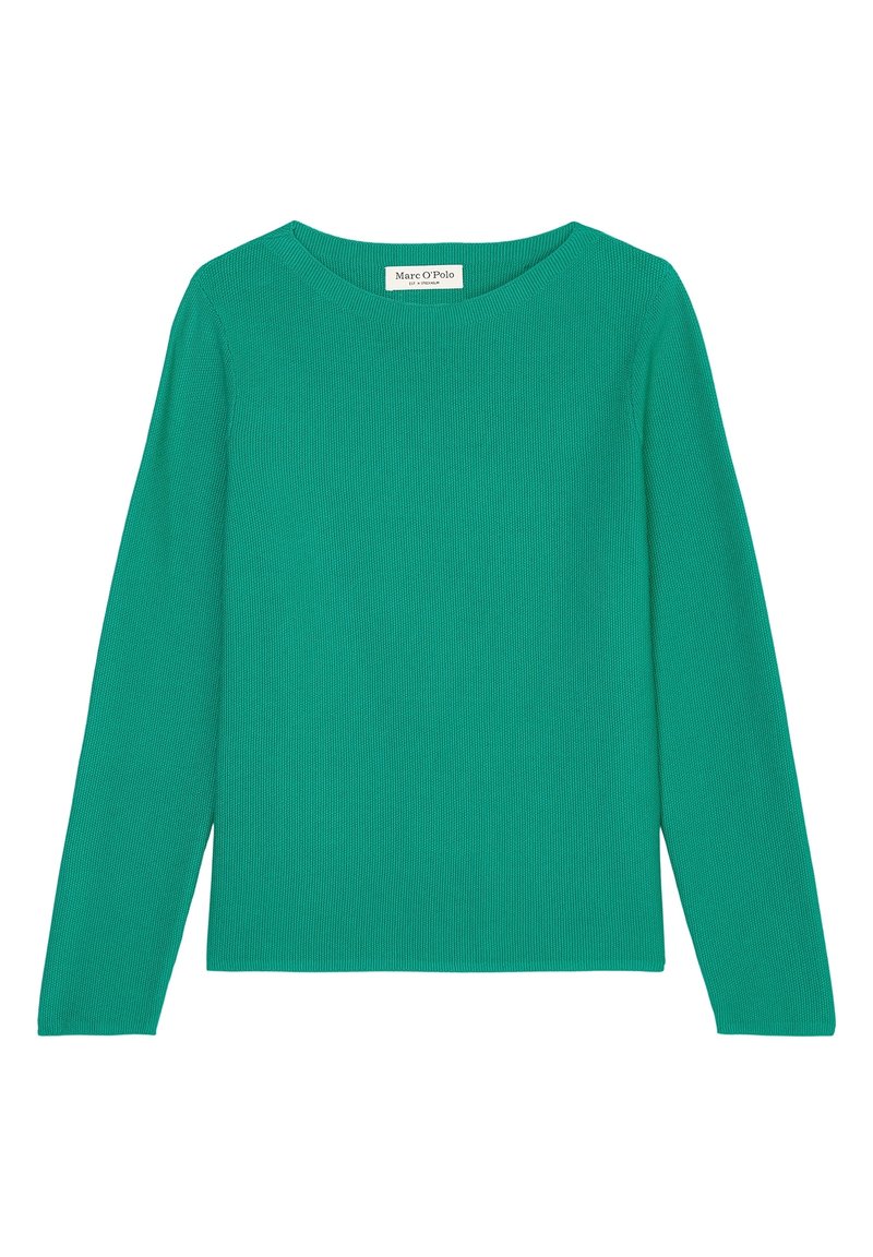 Groen langarm bovenstuk van tekstiel met een gestructureerde stof, met een ronde hals en een rechte snit. Het label leest "Marc O'Polo."