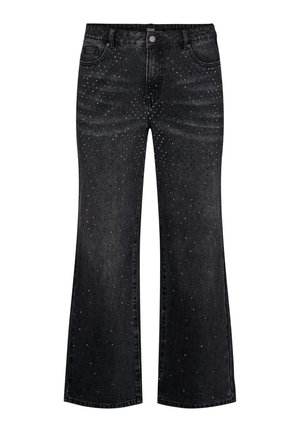 Black denim wide-leg jeans with a high waist, featuring scattered rhinestone embellishments on the front and a classic five-pocket design.