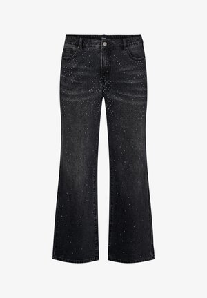 Jean en denim noir à jambe large avec une taille haute, ornés de strass éparpillés sur le devant et d'un design classique à cinq poches.