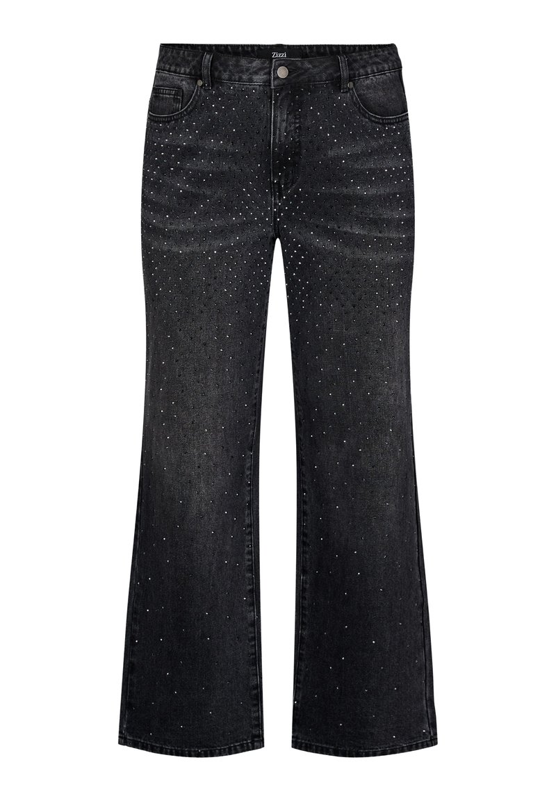 Mustad denim laiad sääred teksad kõrge vöökohaga, millel on ees laiali asetatud rhinestone kaunistused ja klassikaline viie taskuga disain.