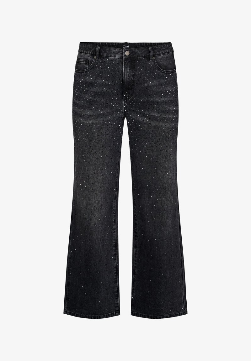 Juodos džinsinės platėjančios kelnės su aukštu liemeniu, puoštos išbarstytomis cirkonio detalėmis priekyje, turinčios klasikinį penkių kišenių dizainą.