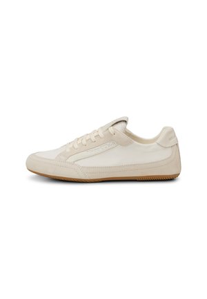 Beige low-top casual sneaker with suede accents, lace-up closure, and light brown rubber sole, viewed from the side.