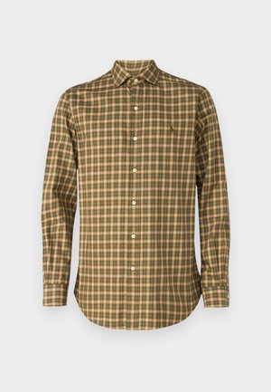 Chemise à manches longues en tissu à carreaux marron et vert avec col, présentation d'un ourlet arrondi et d'une fermeture à boutons sur le devant. Texture légère, sans accents significatifs.