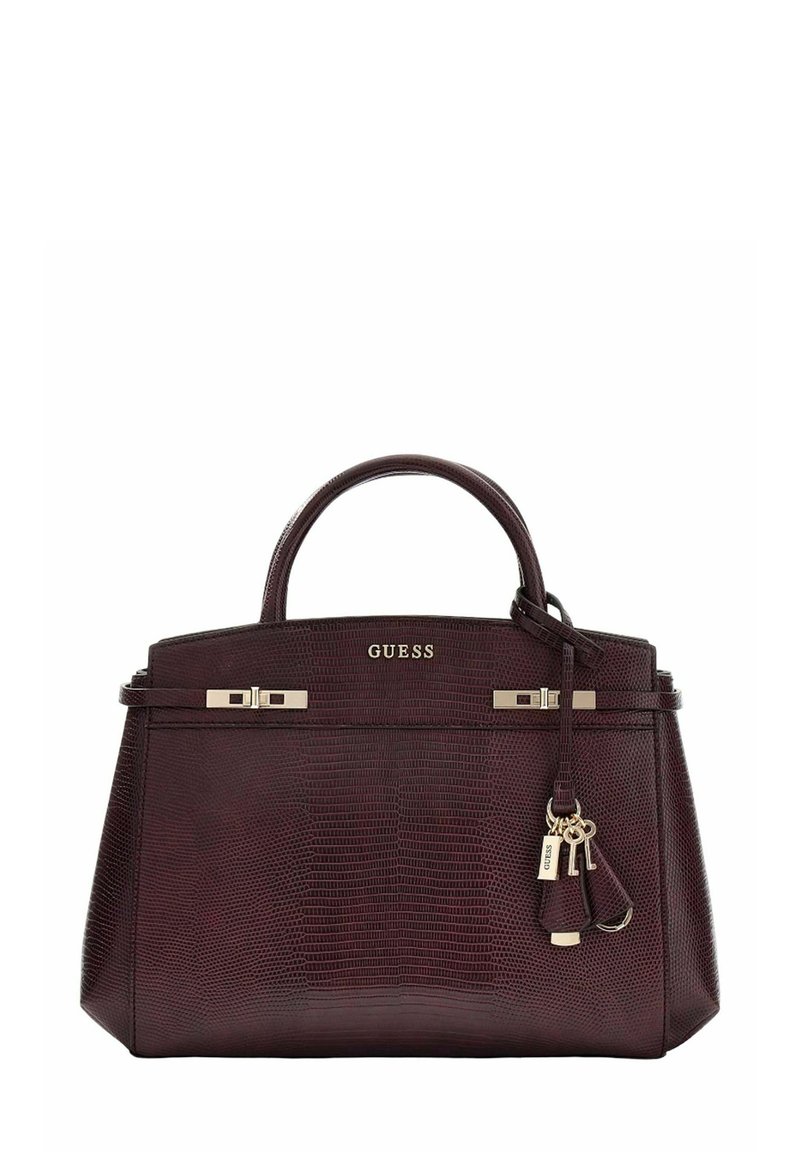 Sac à main en similicuir bordeaux avec motif texturé, double anses supérieures, ferrures dorées et breloque amovible. Logo à l'avant.