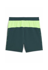 Herrsim shorts, mörkgröna med en ljusgrön midja. Har geometriska mönster längs sidorna. Tillverkade i snabbtorkande material.