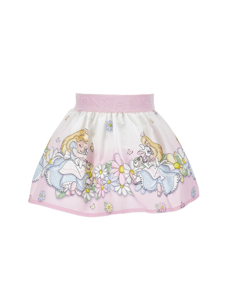 Weißer Rock mit einem pinken Taillenbund, der Zeichnungen von Cartoon-Mädchen, floralen Mustern und einem ausgestellt Design zeigt. Das Material scheint glatt und leicht zu sein.