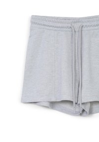 Shorts in cotone grigio chiaro con vita elastica, dettaglio con cordoncino e vestibilità rilassata. Texture morbida con bordi delle cuciture lisci.